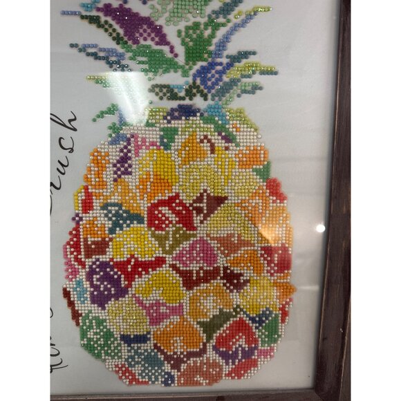 Framed Pineapple Punch Beaded Artwork With Rustic Wood Frame 20x17" - Picture 2 of 4